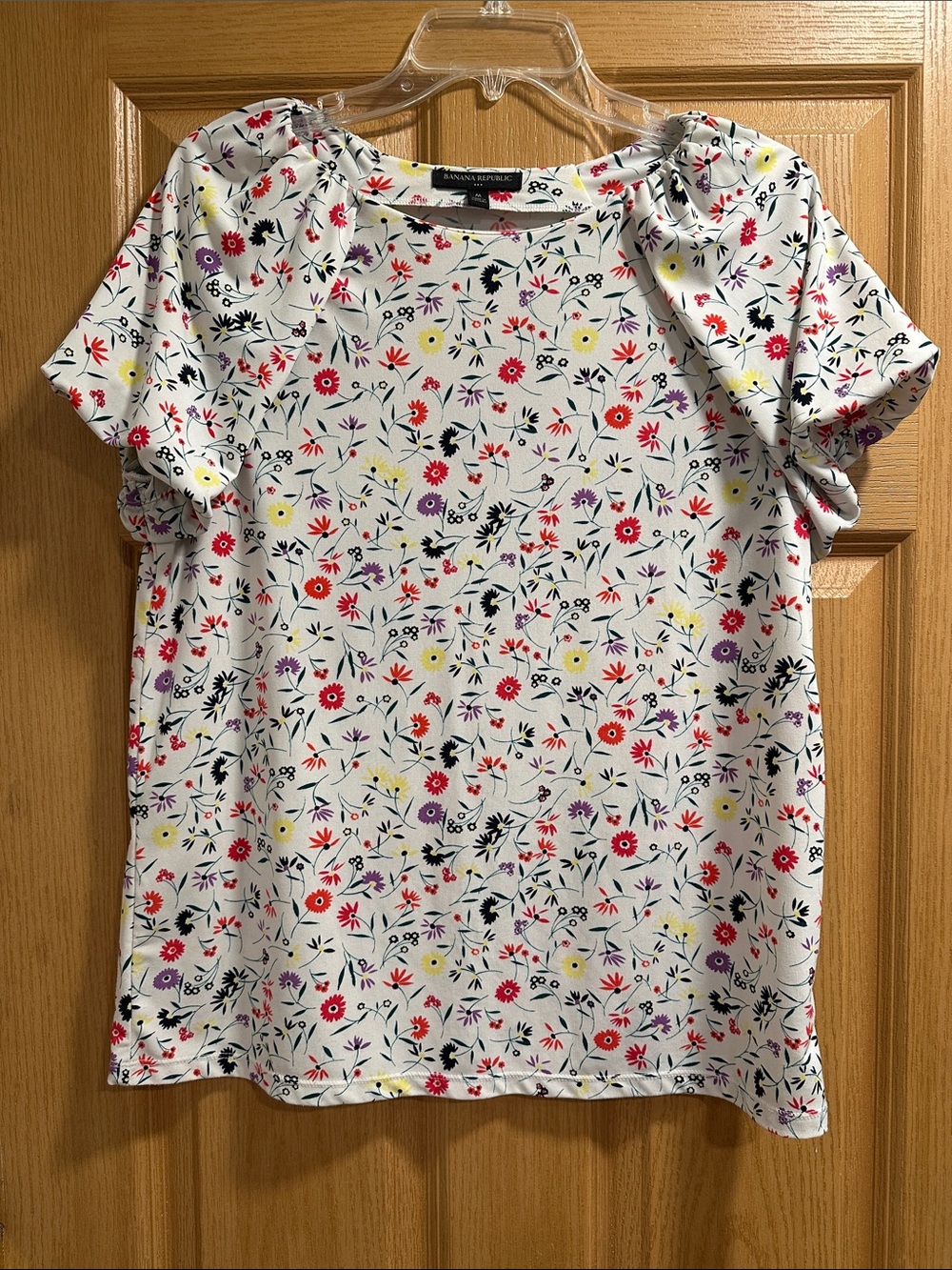 Banana Republic White Floral Print Short Sleeve Blouse with Multi-Color Blooms - Picture 1 of 8